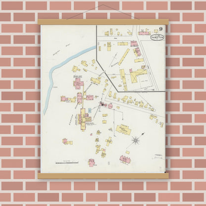 Old map wall art mockup — magnetic wood frame on brick wall — Sanborn Fire Insurance Map from Hampton, Independent Cities, Virginia (1895), Sheet #0009