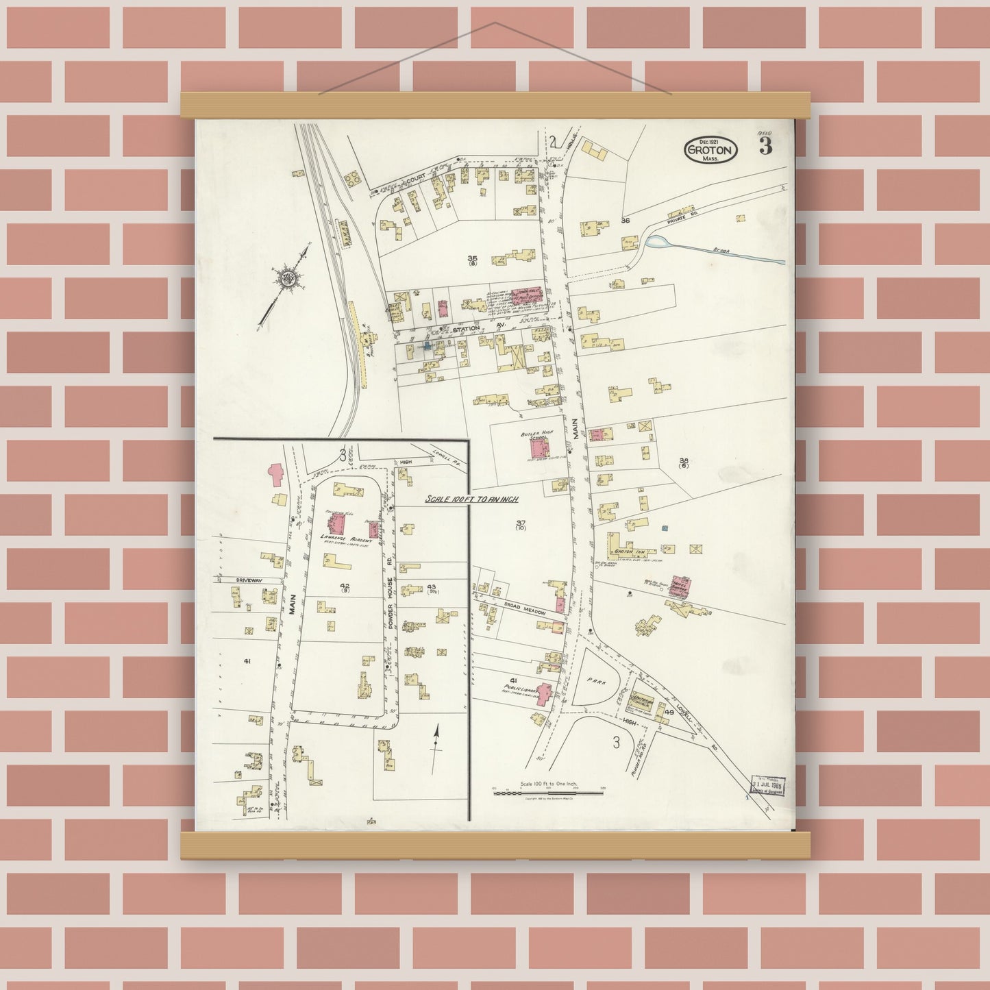 Old map wall art mockup — magnetic wood frame on brick wall — Sanborn Fire Insurance Map from Groton, Middlesex County, Massachusetts (1921), Sheet #0003