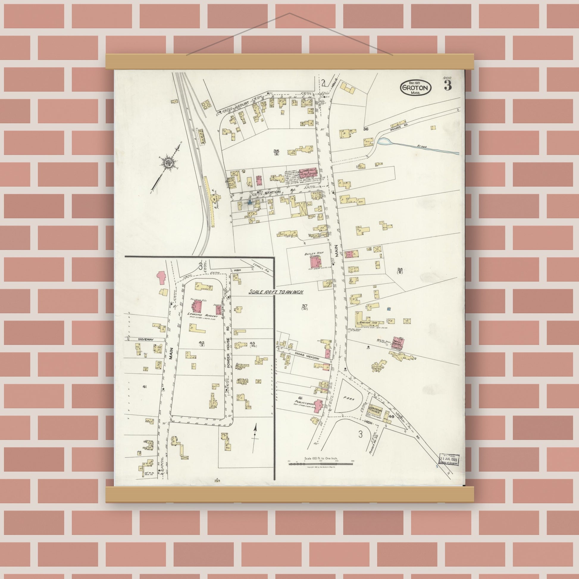 Old map wall art mockup — magnetic wood frame on brick wall — Sanborn Fire Insurance Map from Groton, Middlesex County, Massachusetts (1921), Sheet #0003