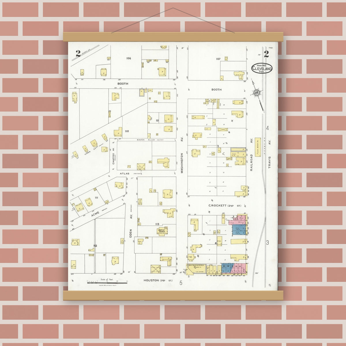 Old map wall art mockup — magnetic wood frame on brick wall — Sanborn Fire Insurance Map from Cleveland, Liberty County, Texas (1926), Sheet #0002