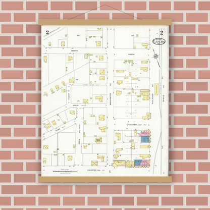 Old map wall art mockup — magnetic wood frame on brick wall — Sanborn Fire Insurance Map from Cleveland, Liberty County, Texas (1926), Sheet #0002