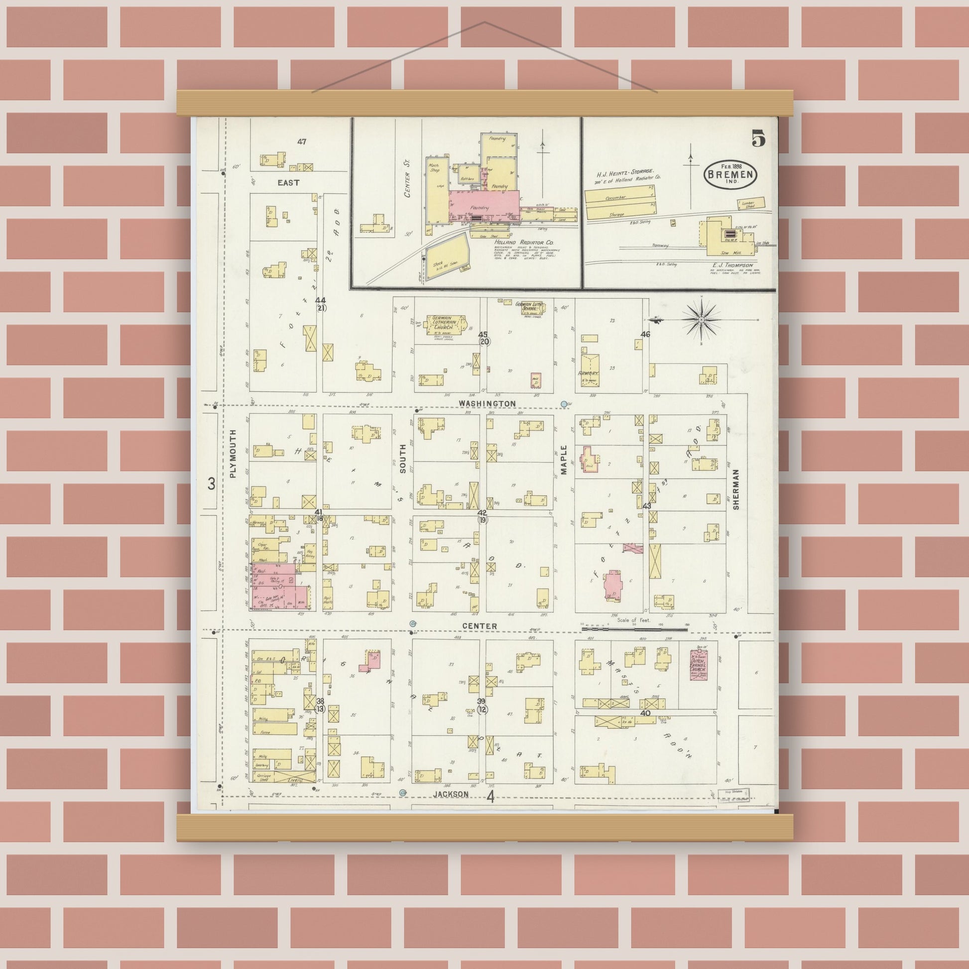 Old map wall art mockup — magnetic wood frame on brick wall — Sanborn Fire Insurance Map from Bremen, Marshall County, Indiana (1898), Sheet #0005
