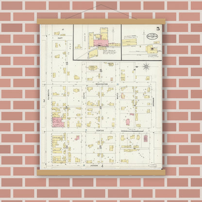 Old map wall art mockup — magnetic wood frame on brick wall — Sanborn Fire Insurance Map from Bremen, Marshall County, Indiana (1898), Sheet #0005