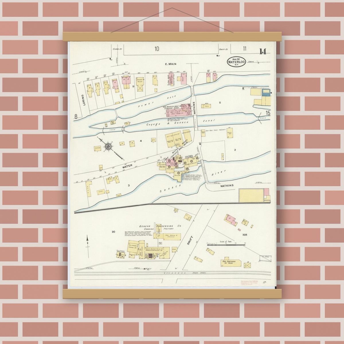 Old map wall art mockup — magnetic wood frame on brick wall — Sanborn Fire Insurance Map from Waterloo, Seneca County, New York (1911), Sheet #0014