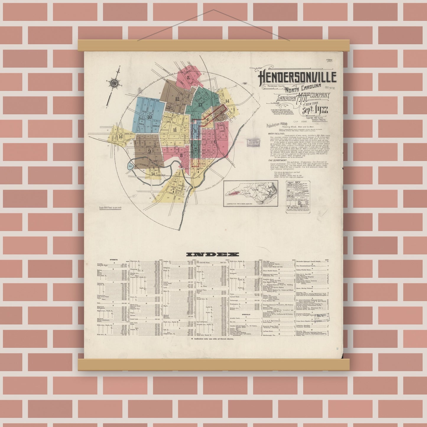 Old map wall art mockup — magnetic wood frame on brick wall — Sanborn Fire Insurance Map from Hendersonville, Henderson County, North Carolina (1922), Sheet #0001