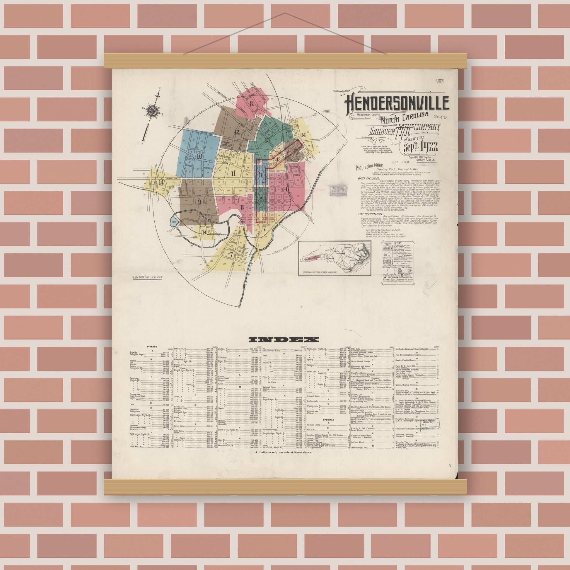 Old map wall art mockup — magnetic wood frame on brick wall — Sanborn Fire Insurance Map from Hendersonville, Henderson County, North Carolina (1922), Sheet #0001