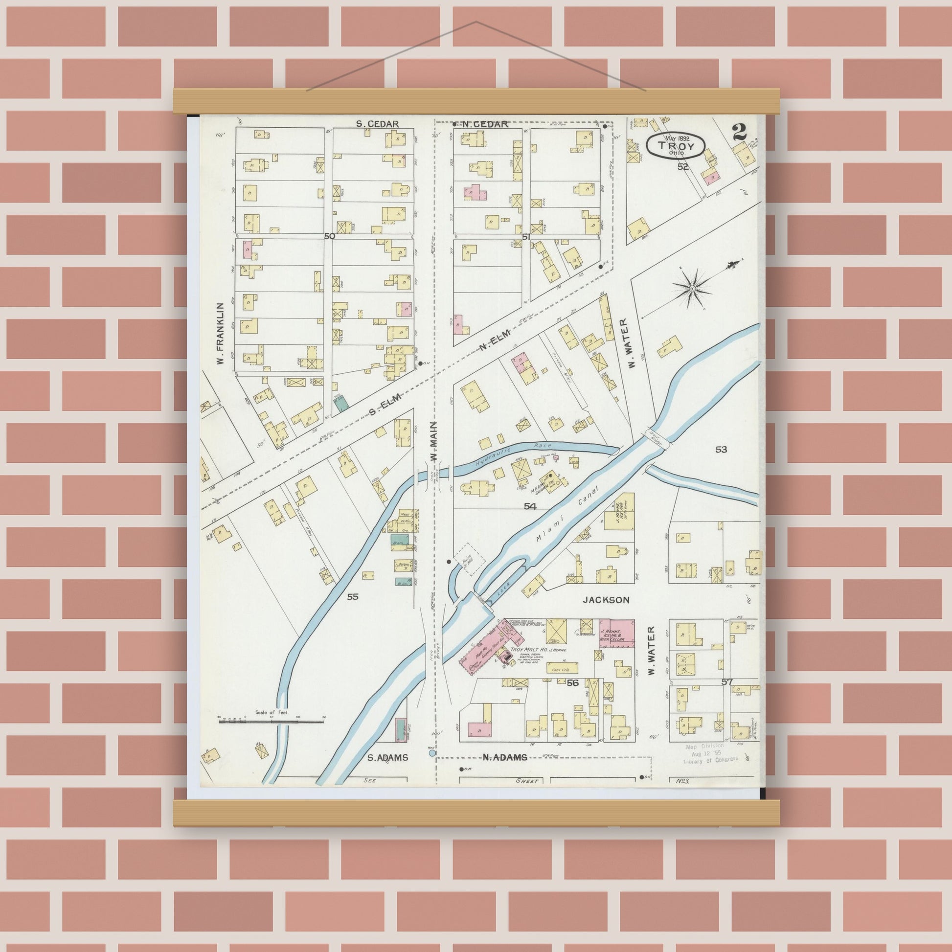 Old map wall art mockup — magnetic wood frame on brick wall — Sanborn Fire Insurance Map from Troy, Miami County, Ohio (1892), Sheet #0002