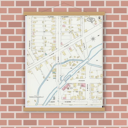 Old map wall art mockup — magnetic wood frame on brick wall — Sanborn Fire Insurance Map from Troy, Miami County, Ohio (1892), Sheet #0002