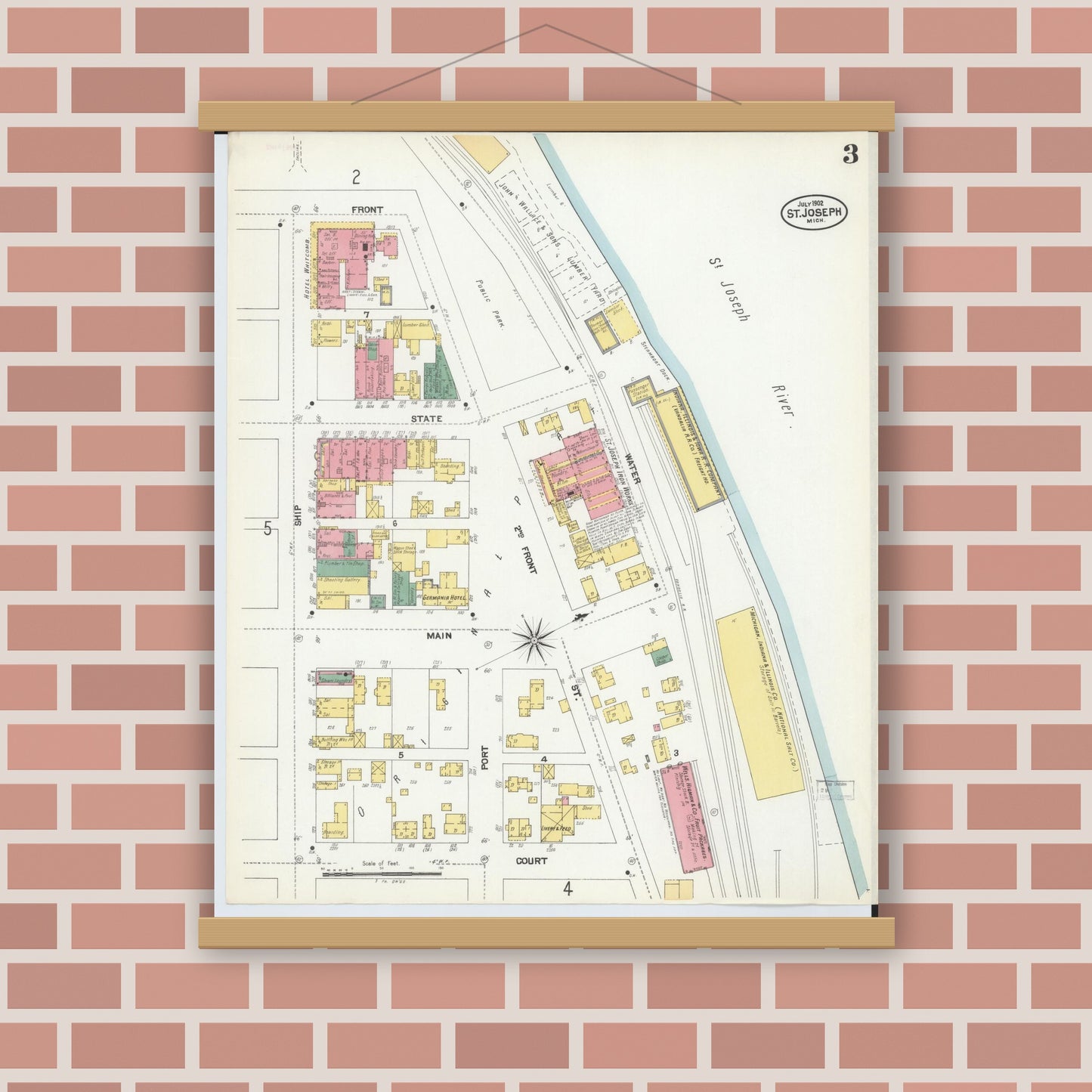 Old map wall art mockup — magnetic wood frame on brick wall — Sanborn Fire Insurance Map from Saint Joseph, Berrien County, Michigan (1902), Sheet #0003