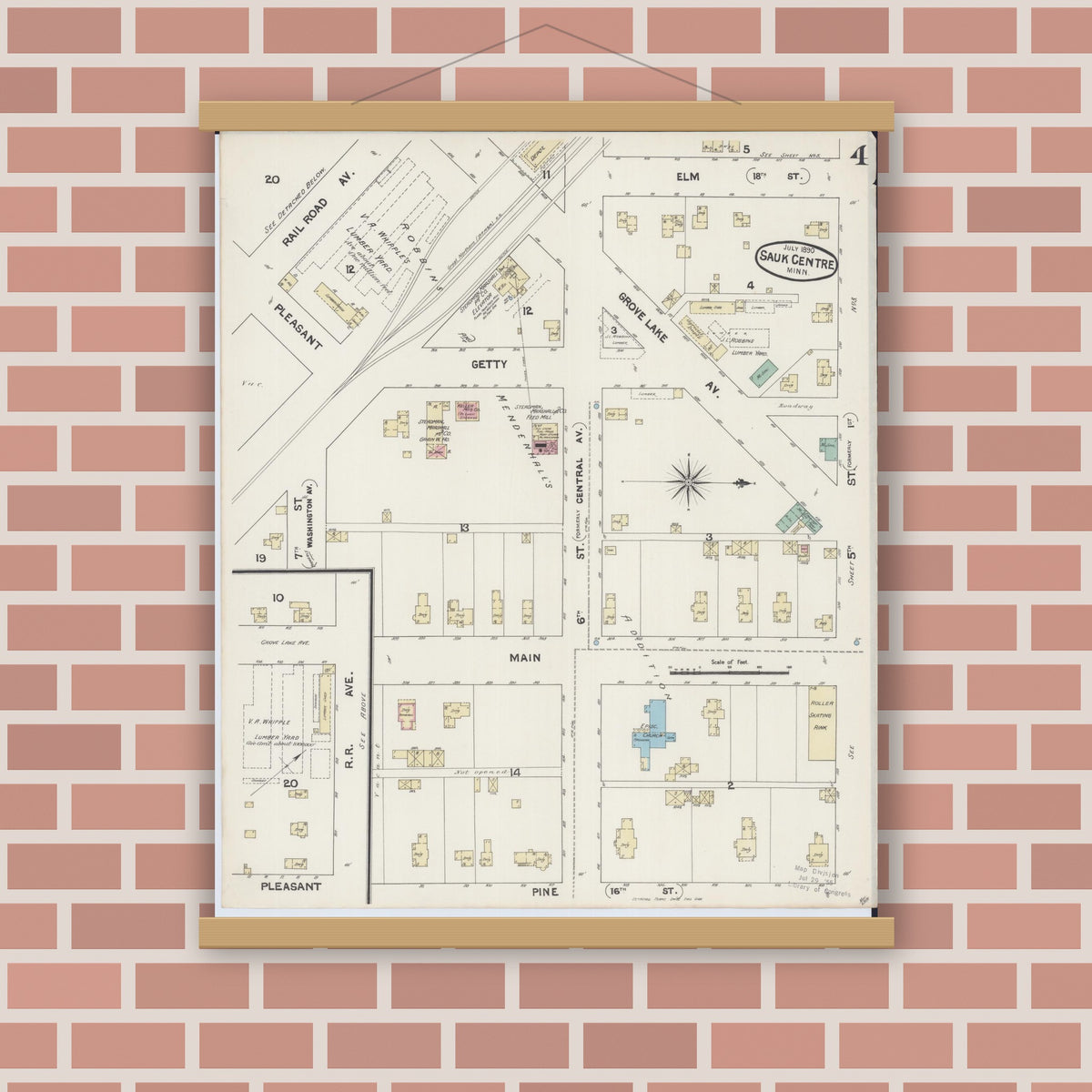 Old map wall art mockup — magnetic wood frame on brick wall — Sanborn Fire Insurance Map from Sauk Centre, Stearns County, Minnesota (1890), Sheet #0004