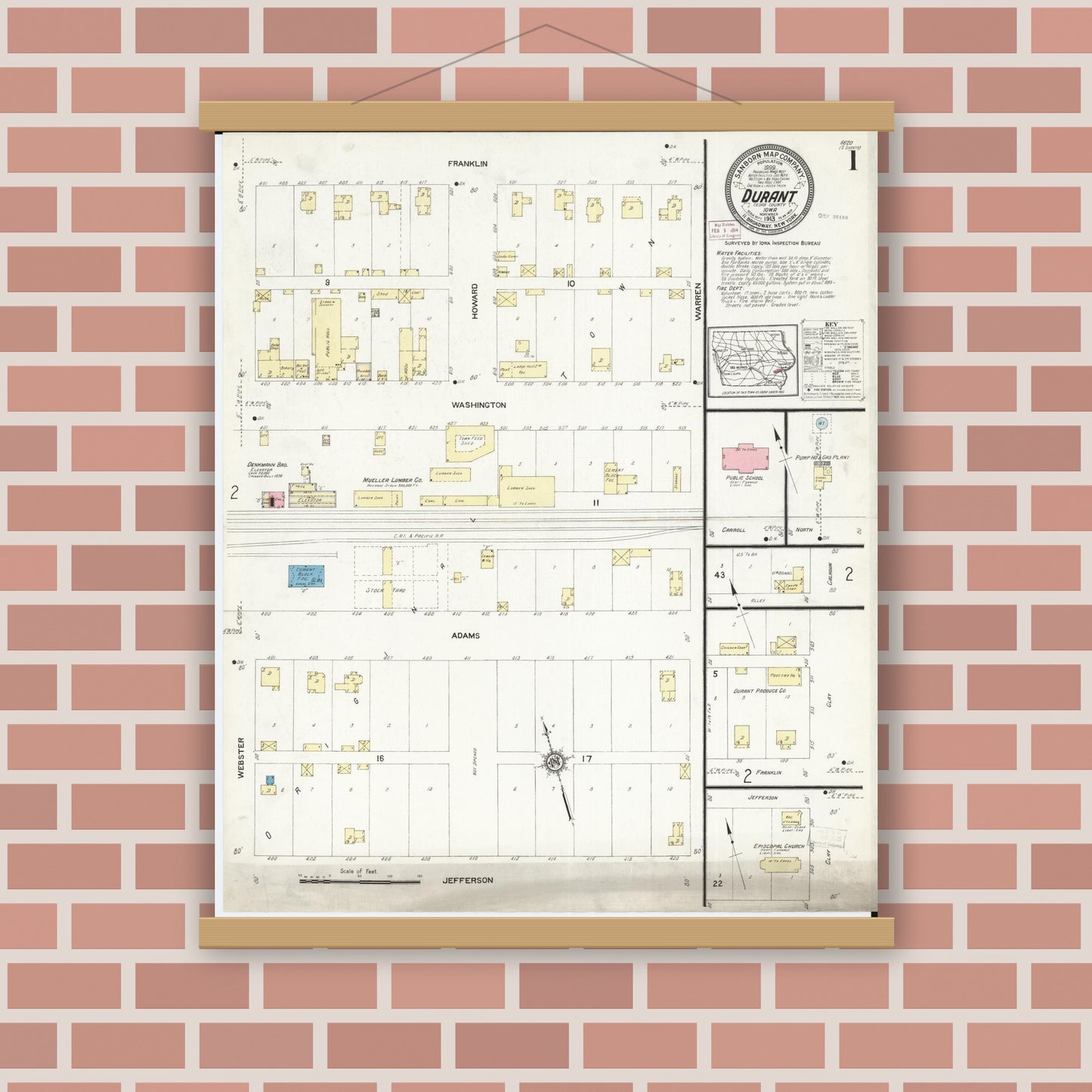 Old map wall art mockup — magnetic wood frame on brick wall — Sanborn Fire Insurance Map from Durant, Cedar County, Iowa (1913) â€” Complete Set