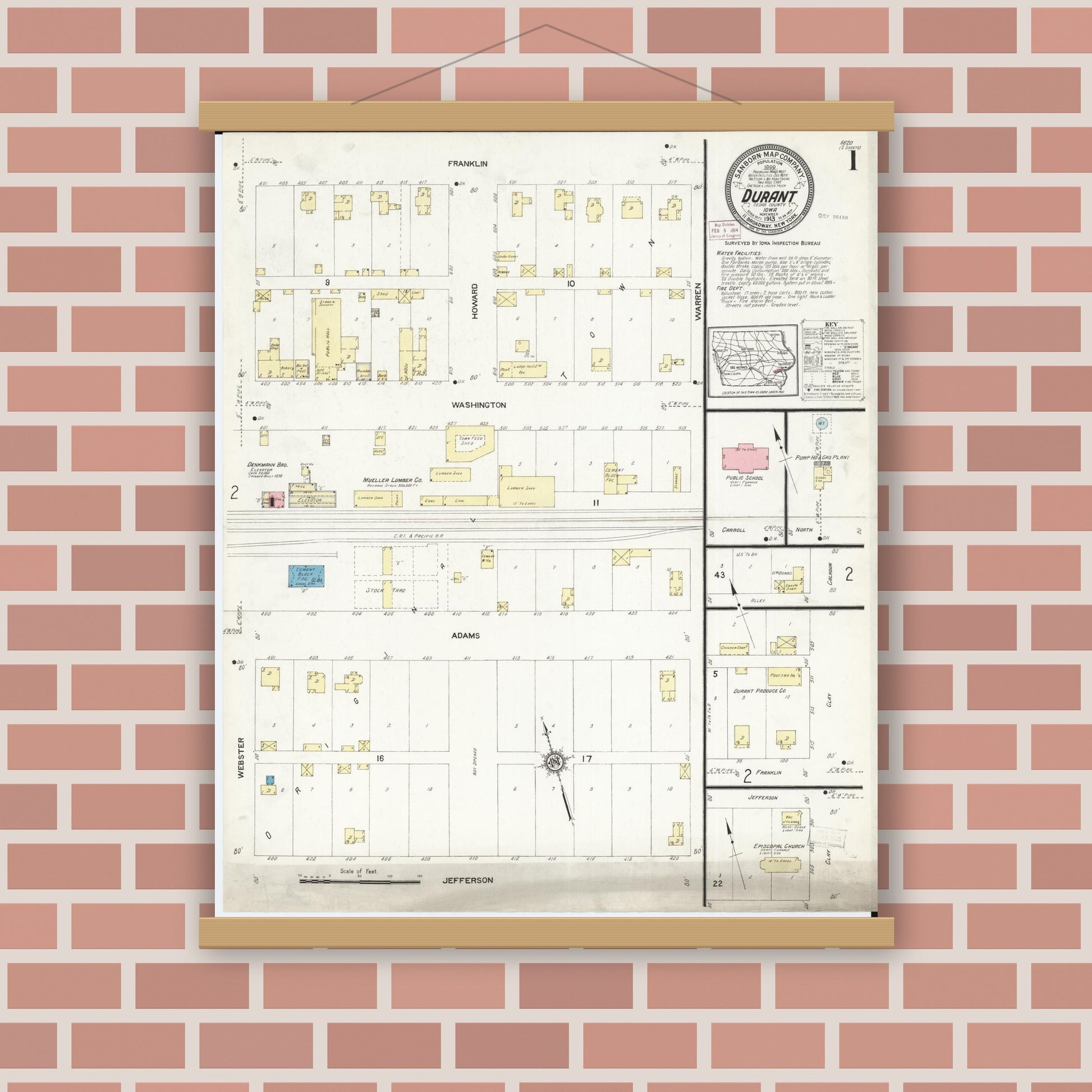 Old map wall art mockup — magnetic wood frame on brick wall — Sanborn Fire Insurance Map from Durant, Cedar County, Iowa (1913) â€” Complete Set