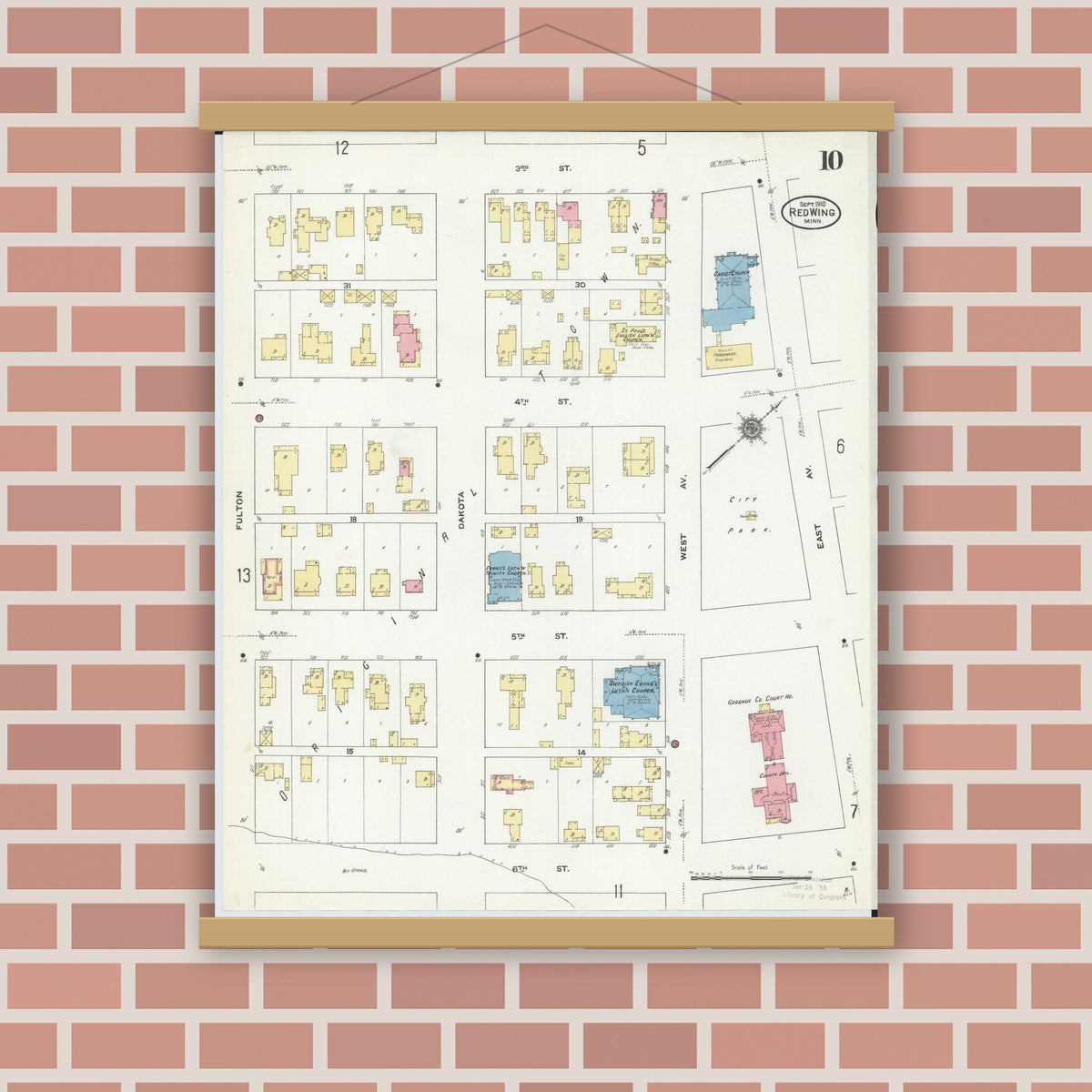 Old map wall art mockup — magnetic wood frame on brick wall — Sanborn Fire Insurance Map from Red Wing, Goodhue County, Minnesota (1910), Sheet #0010