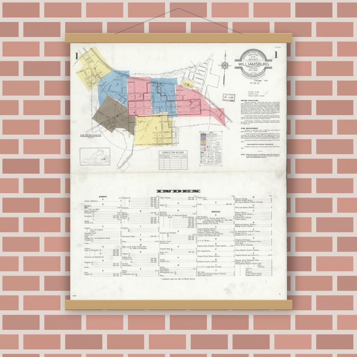 Old map wall art mockup — magnetic wood frame on brick wall — Sanborn Fire Insurance Map from Williamsburg, Independent Cities, Virginia (1933), Sheet #0001