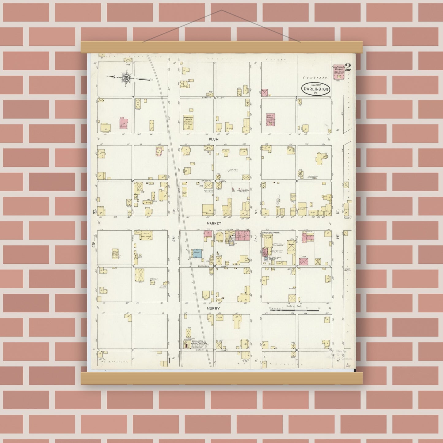 Old map wall art mockup — magnetic wood frame on brick wall — Sanborn Fire Insurance Map from Darlington, Beaver County, Pennsylvania (1912), Sheet #0002