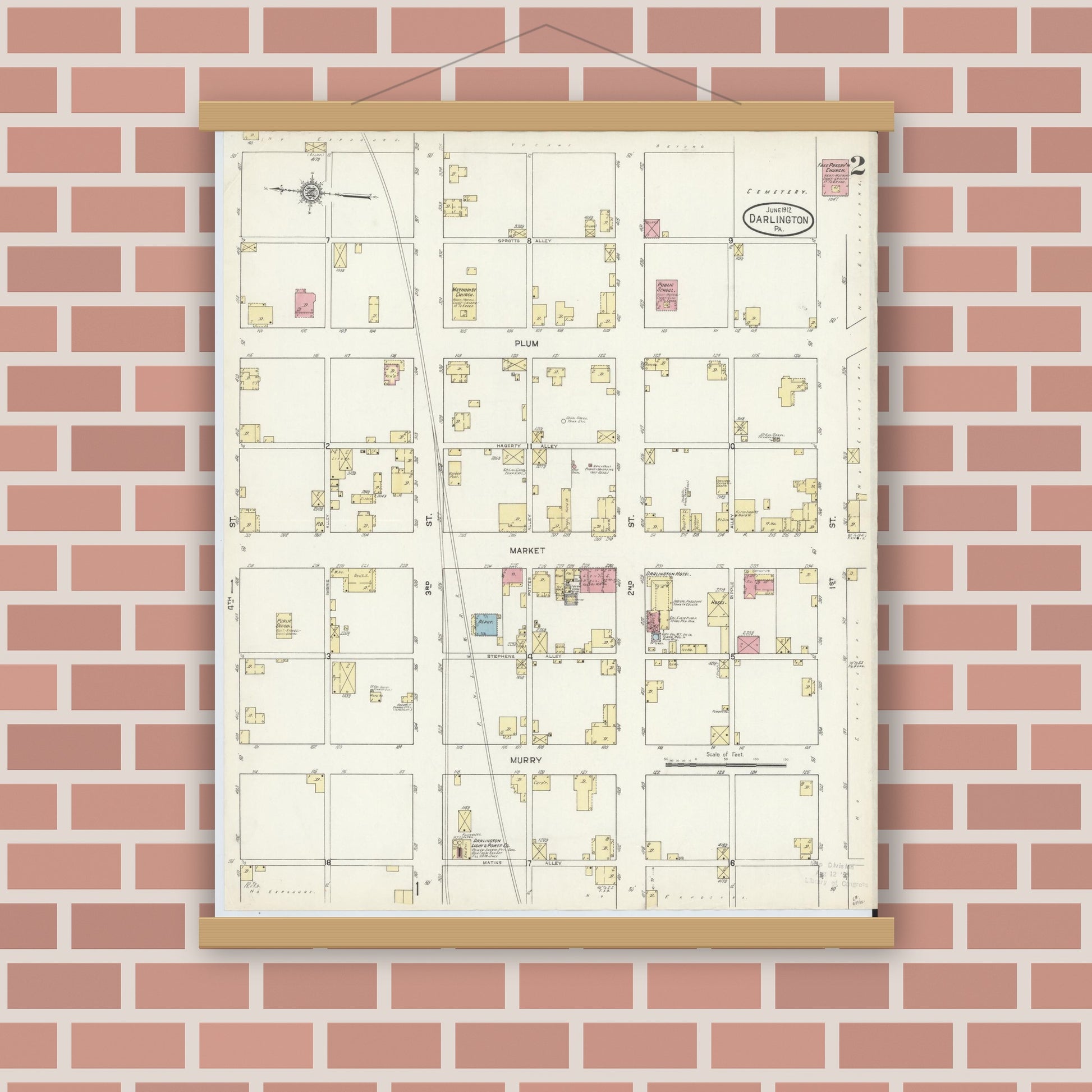 Old map wall art mockup — magnetic wood frame on brick wall — Sanborn Fire Insurance Map from Darlington, Beaver County, Pennsylvania (1912), Sheet #0002