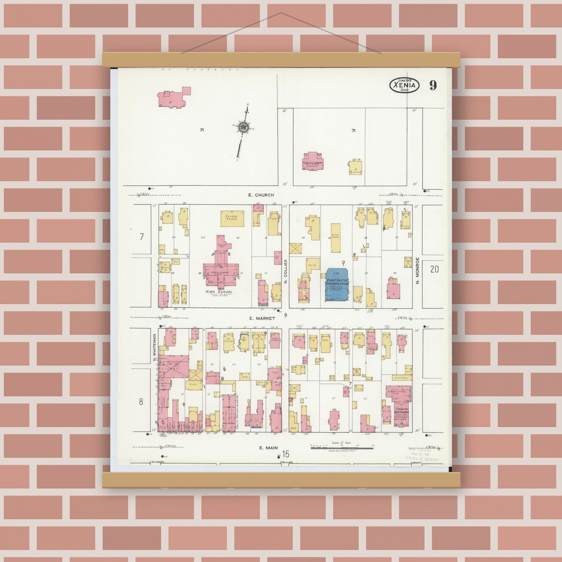 Old map wall art mockup — magnetic wood frame on brick wall — Sanborn Fire Insurance Map from Xenia, Greene County, Ohio (1919), Sheet #0009