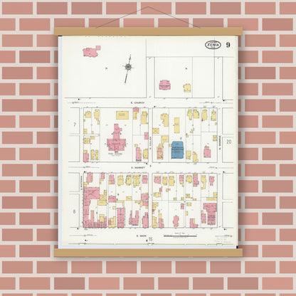 Old map wall art mockup — magnetic wood frame on brick wall — Sanborn Fire Insurance Map from Xenia, Greene County, Ohio (1919), Sheet #0009