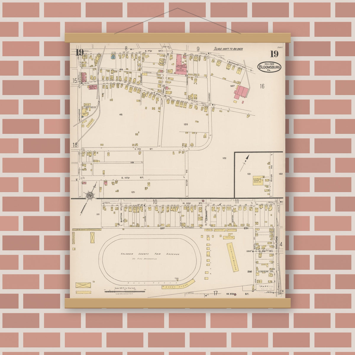 Old map wall art mockup — magnetic wood frame on brick wall — Sanborn Fire Insurance Map from Bloomsburg, Columbia County, Pennsylvania (1922), Sheet #0019