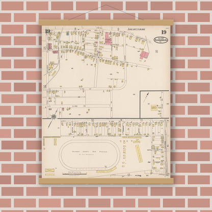 Old map wall art mockup — magnetic wood frame on brick wall — Sanborn Fire Insurance Map from Bloomsburg, Columbia County, Pennsylvania (1922), Sheet #0019