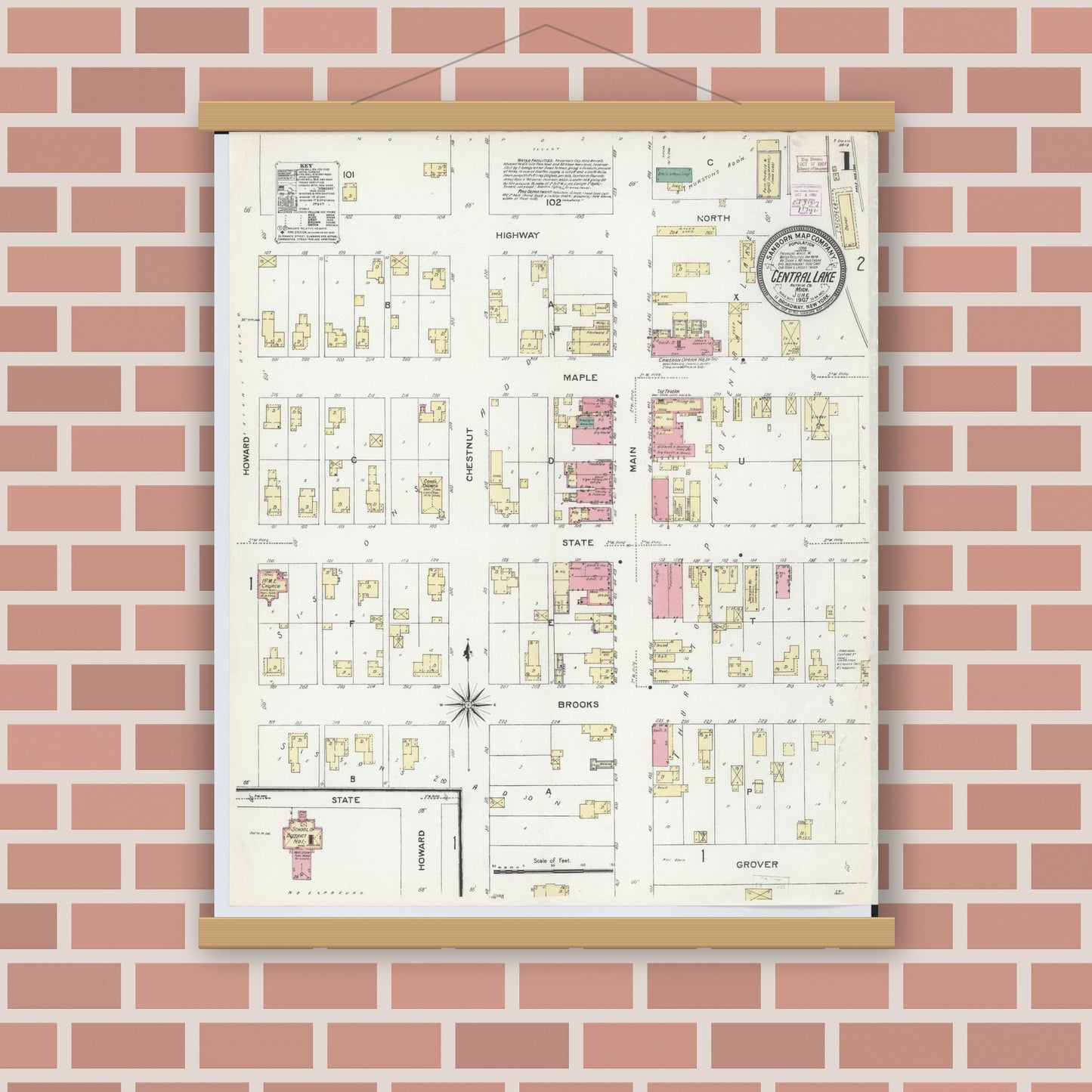 Old map wall art mockup — magnetic wood frame on brick wall — Sanborn Fire Insurance Map from Central Lake, Antrim County, Michigan (1907), Sheet #0001