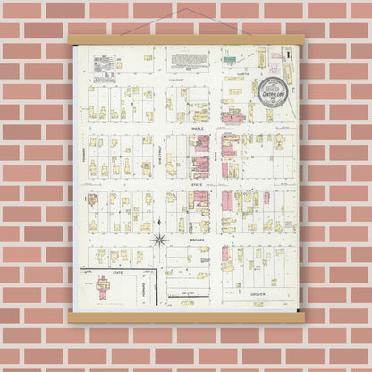 Old map wall art mockup — magnetic wood frame on brick wall — Sanborn Fire Insurance Map from Central Lake, Antrim County, Michigan (1907), Sheet #0001