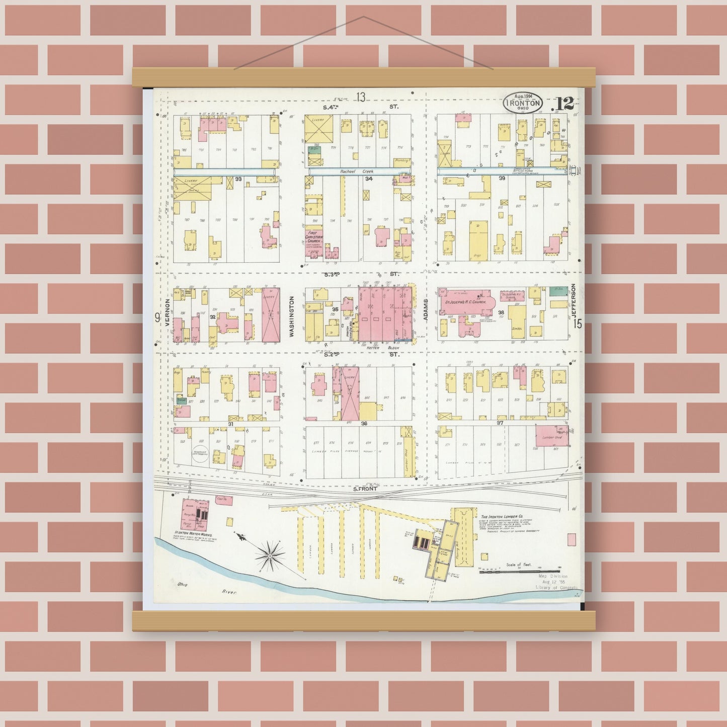 Old map wall art mockup — magnetic wood frame on brick wall — Sanborn Fire Insurance Map from Ironton, Lawrence County, Ohio (1904), Sheet #0012