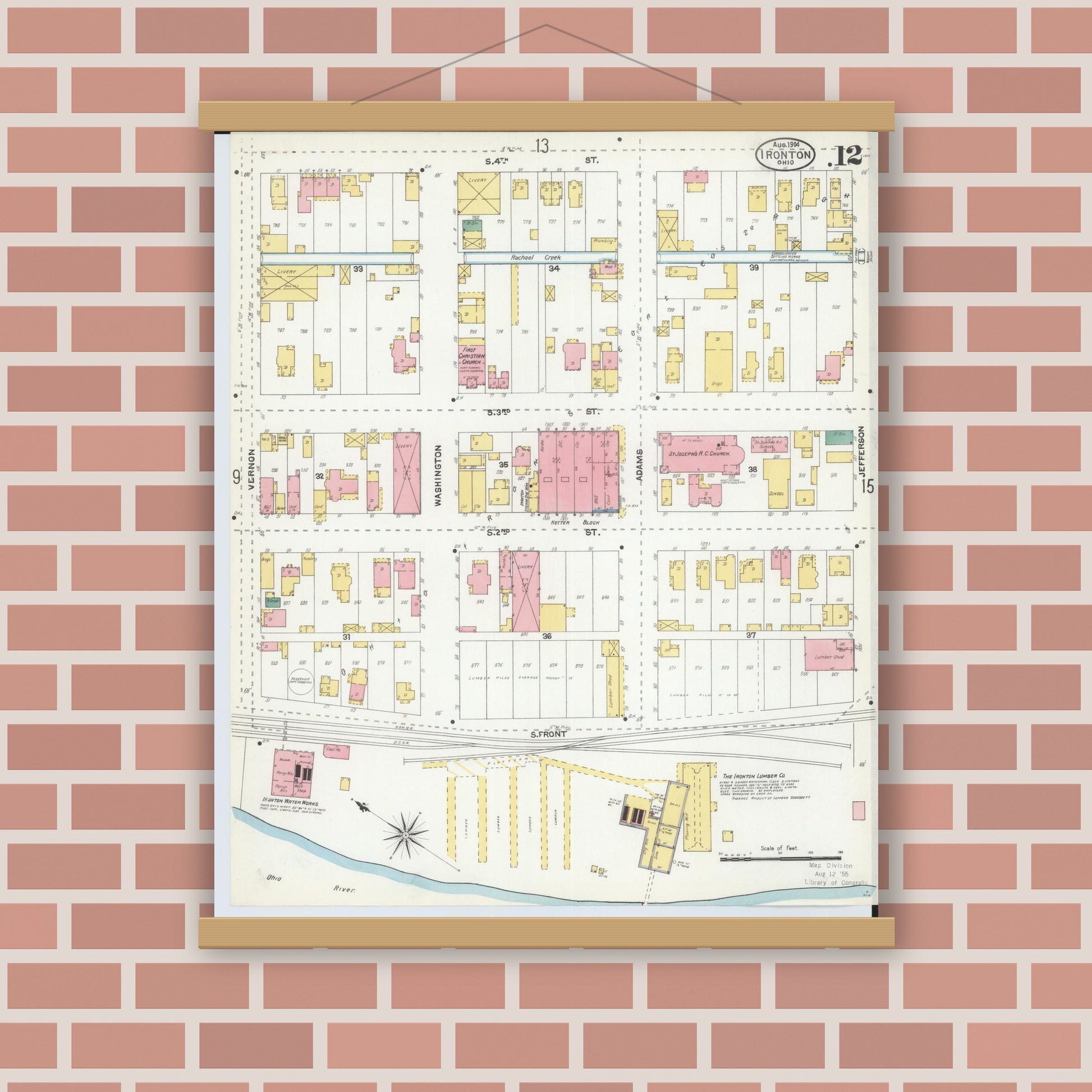 Old map wall art mockup — magnetic wood frame on brick wall — Sanborn Fire Insurance Map from Ironton, Lawrence County, Ohio (1904), Sheet #0012