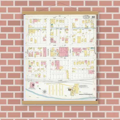 Old map wall art mockup — magnetic wood frame on brick wall — Sanborn Fire Insurance Map from Ironton, Lawrence County, Ohio (1904), Sheet #0012