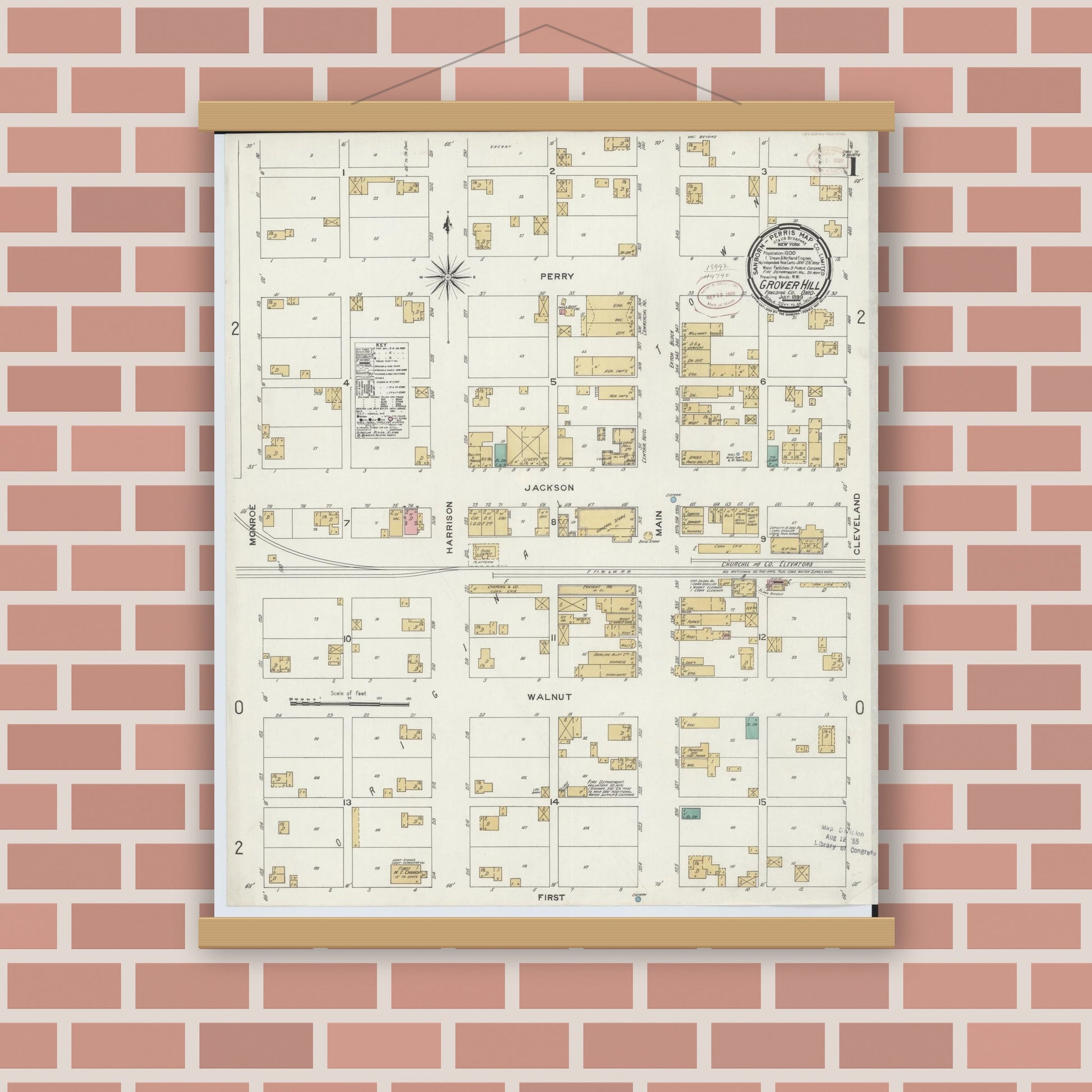 Old map wall art mockup — magnetic wood frame on brick wall — Sanborn Fire Insurance Map from Grover Hill, Paulding County, Ohio (1899) - Complete Map Set