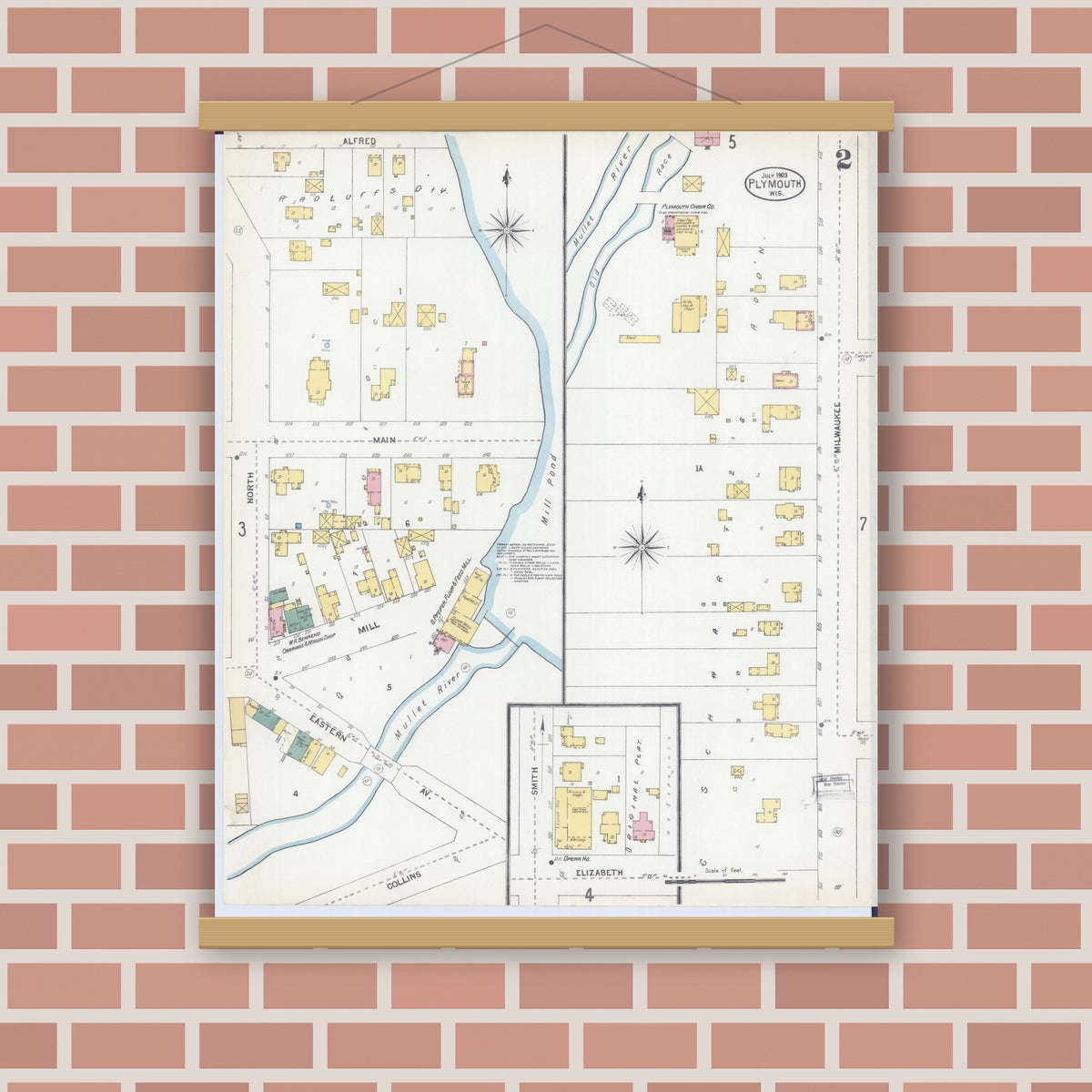 Old map wall art mockup — magnetic wood frame on brick wall — Sanborn Fire Insurance Map from Plymouth, Sheboygan County, Wisconsin (1903), Sheet #0002