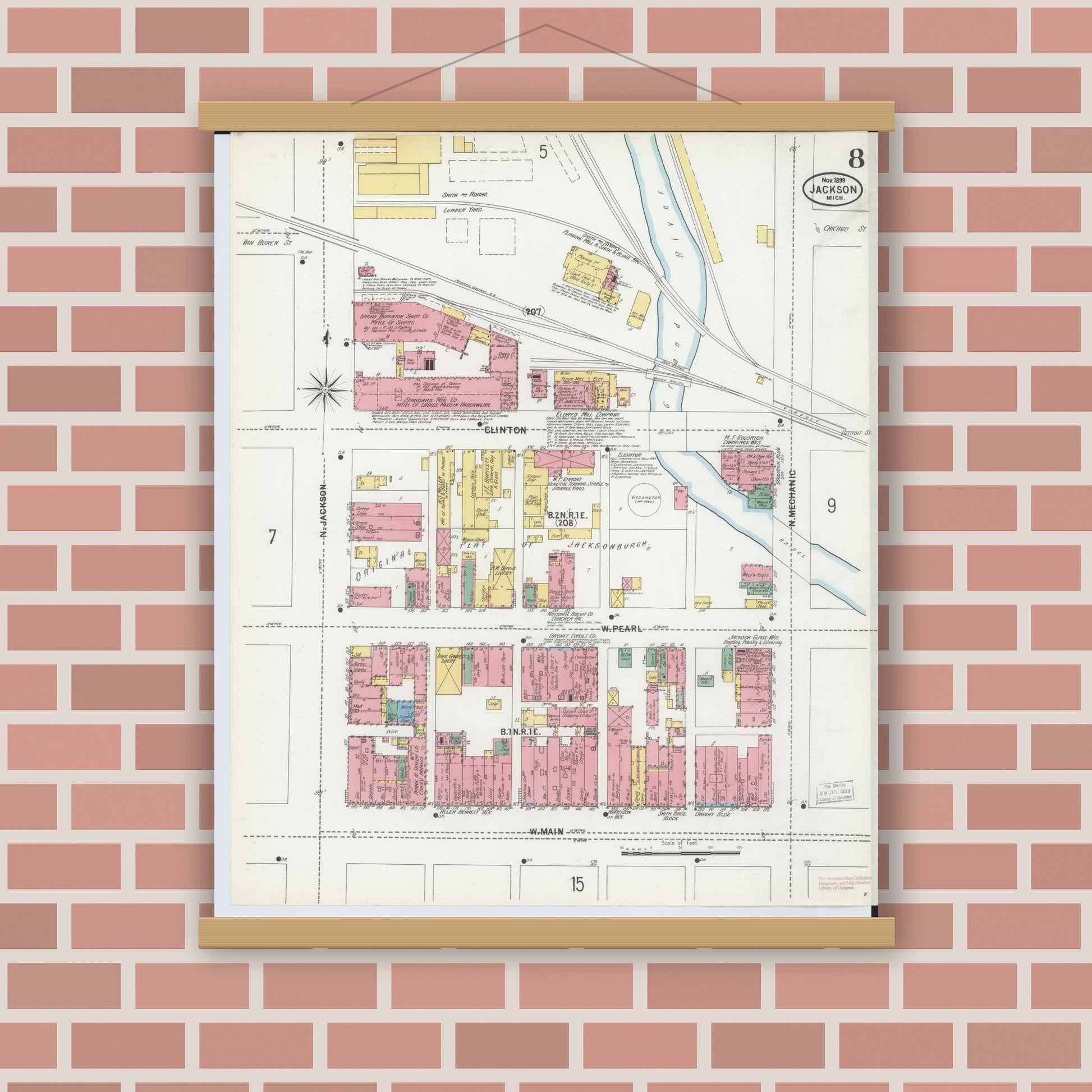 Old map wall art mockup — magnetic wood frame on brick wall — Sanborn Fire Insurance Map from Jackson, Jackson County, Michigan (1899), Sheet #0008