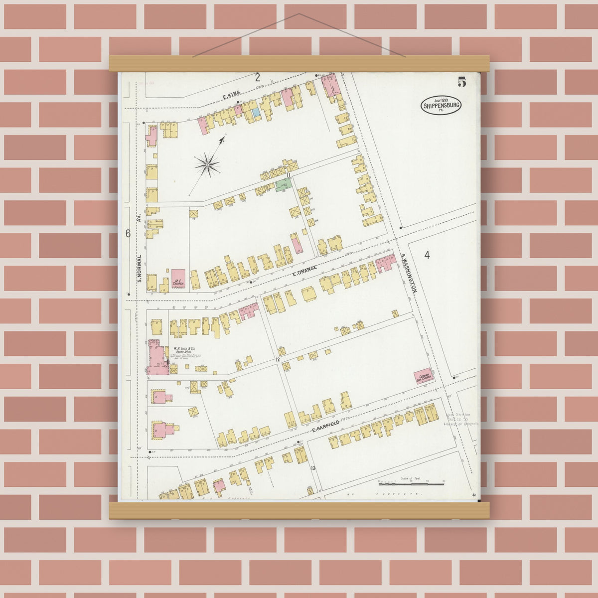 Old map wall art mockup — magnetic wood frame on brick wall — Sanborn Fire Insurance Map from Shippensburg, Cumberland And Franklin Counties, Pennsylvania (1899), Sheet #0005