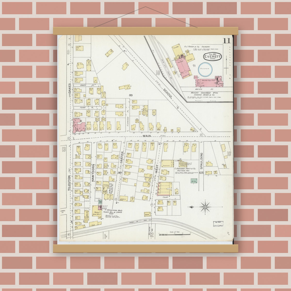 Old map wall art mockup — magnetic wood frame on brick wall — Sanborn Fire Insurance Map from Everett, Middlesex County, Massachusetts (1892), Sheet #0011
