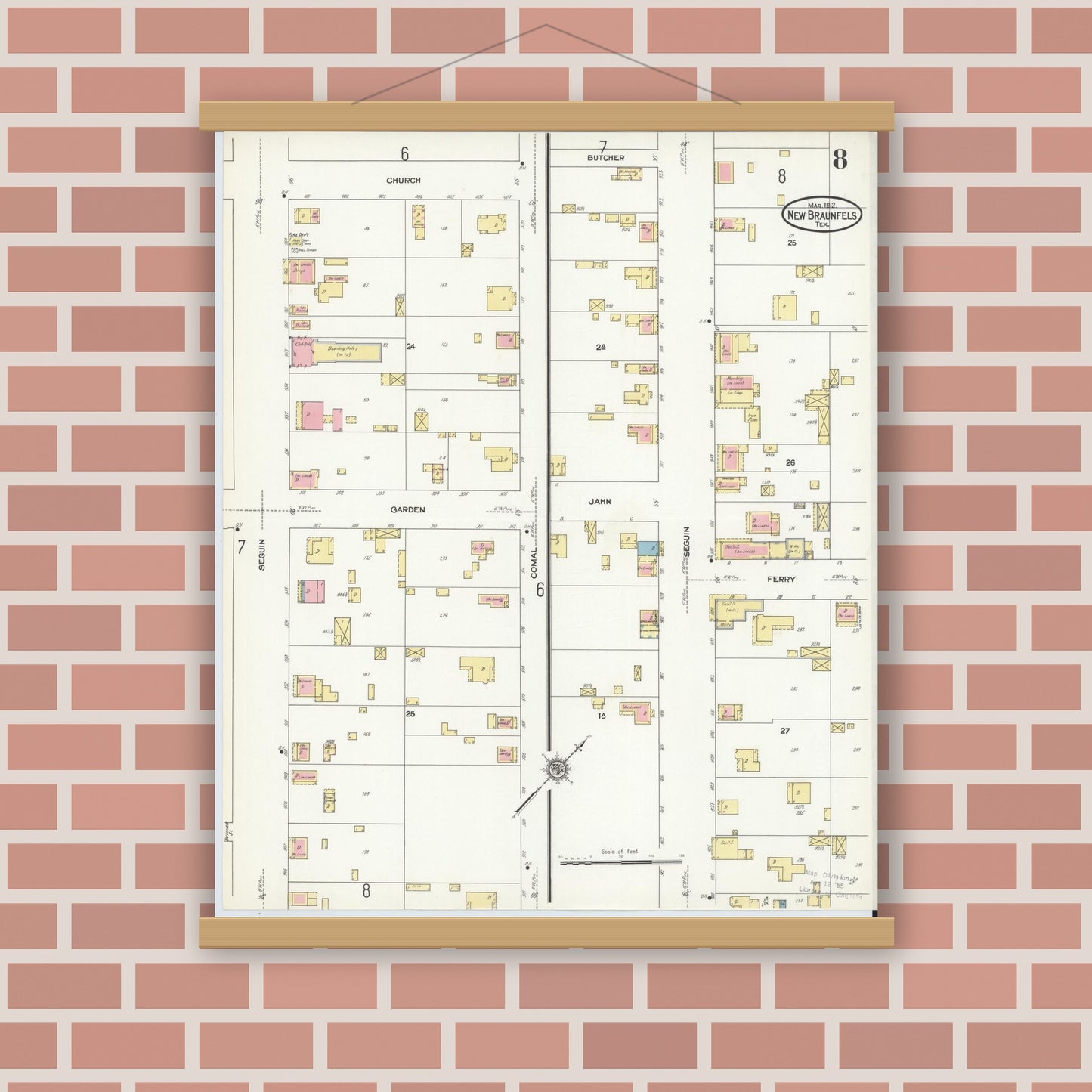Old map wall art mockup — magnetic wood frame on brick wall — Sanborn Fire Insurance Map from New Braunfels, Comal County, Texas (1912), Sheet #0008