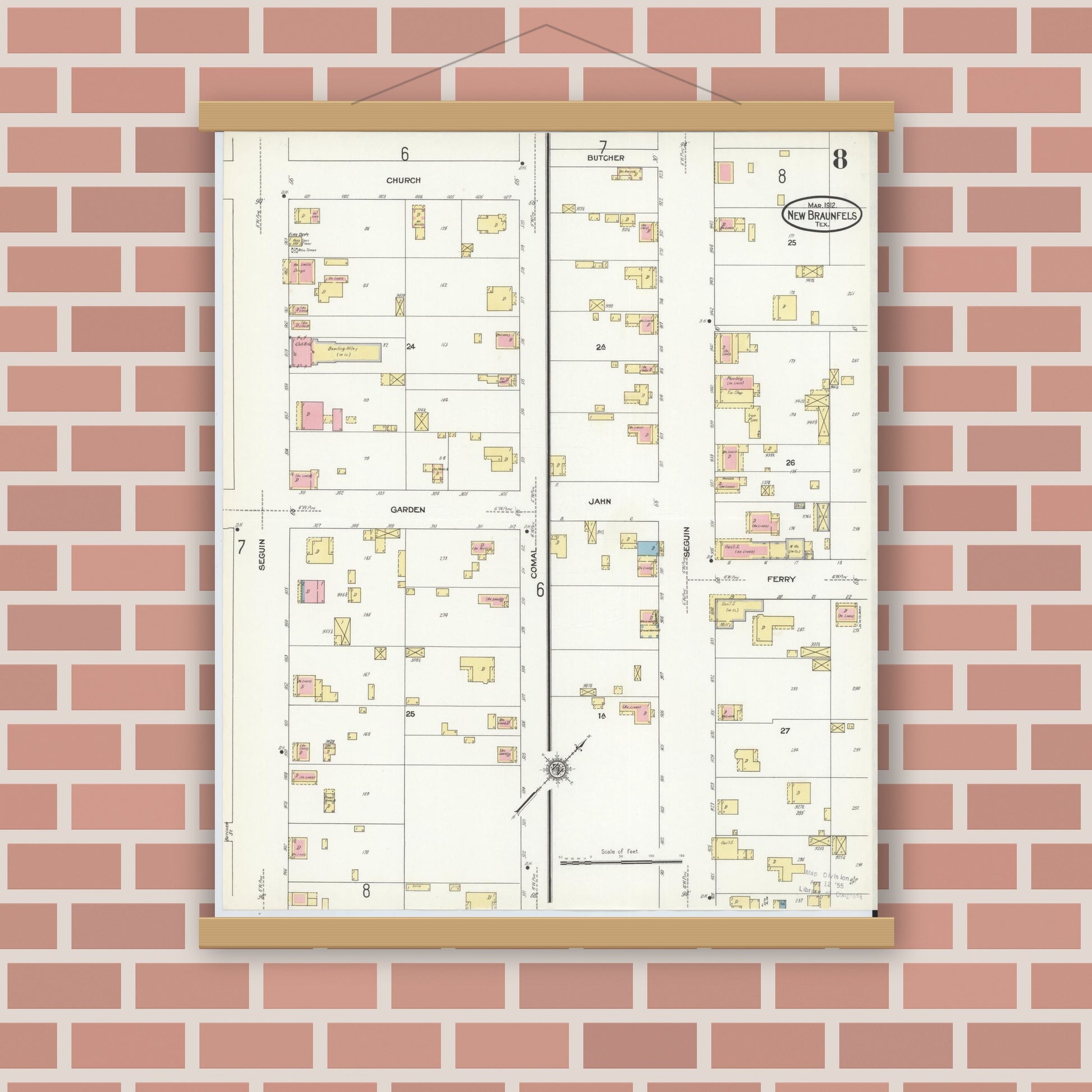 Old map wall art mockup — magnetic wood frame on brick wall — Sanborn Fire Insurance Map from New Braunfels, Comal County, Texas (1912), Sheet #0008