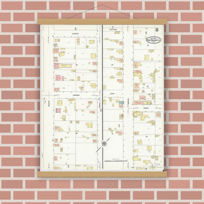 Old map wall art mockup — magnetic wood frame on brick wall — Sanborn Fire Insurance Map from New Braunfels, Comal County, Texas (1912), Sheet #0008