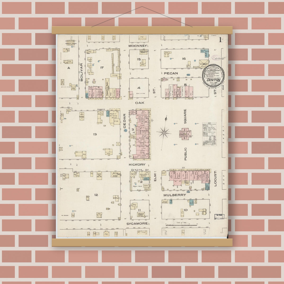 Old map wall art mockup — magnetic wood frame on brick wall — Sanborn Fire Insurance Map from Denton, Denton County, Texas (1885) - Complete Map Set