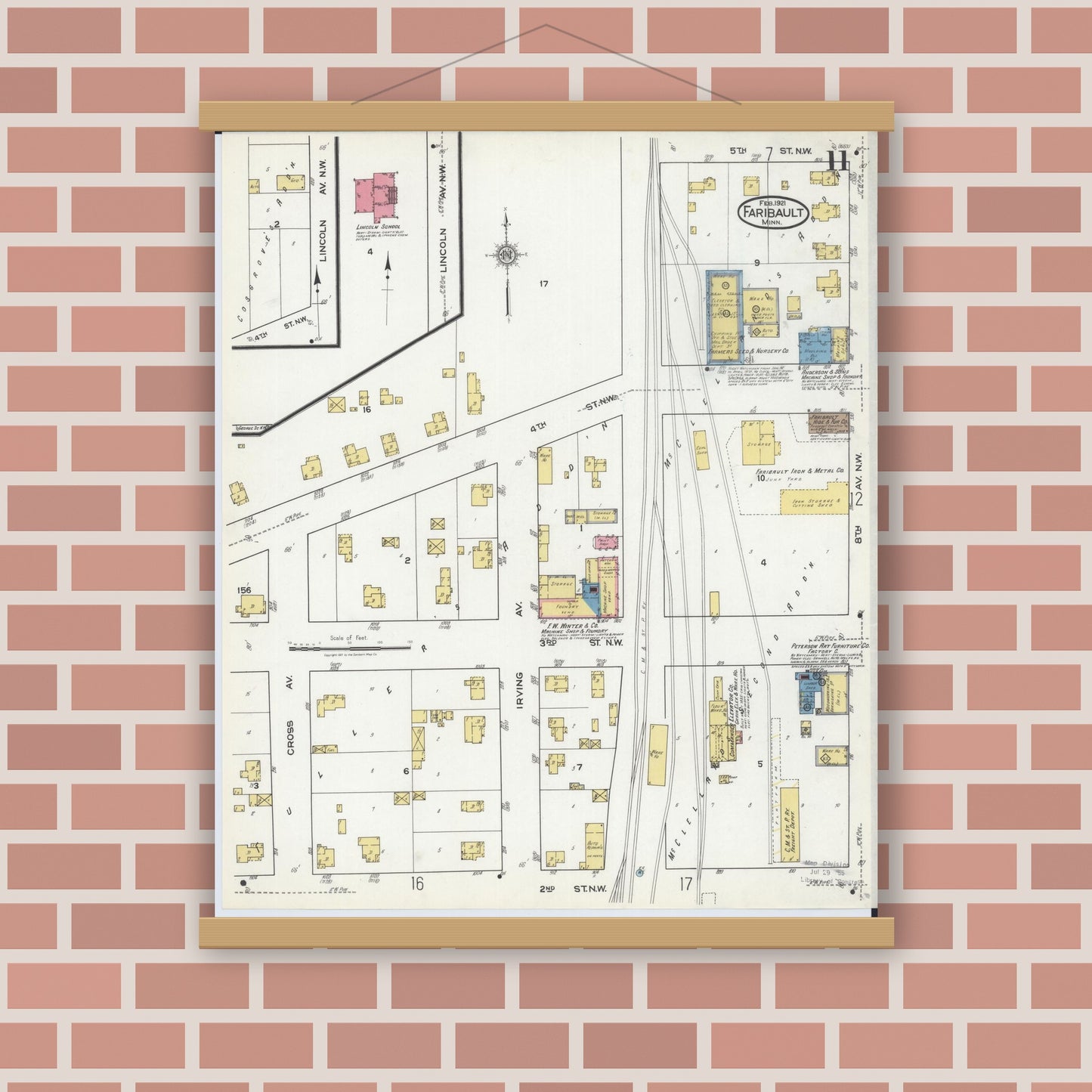 Old map wall art mockup — magnetic wood frame on brick wall — Sanborn Fire Insurance Map from Faribault, Rice County, Minnesota (1921), Sheet #0011