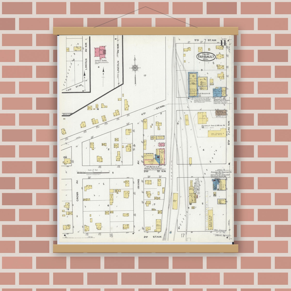 Old map wall art mockup — magnetic wood frame on brick wall — Sanborn Fire Insurance Map from Faribault, Rice County, Minnesota (1921), Sheet #0011