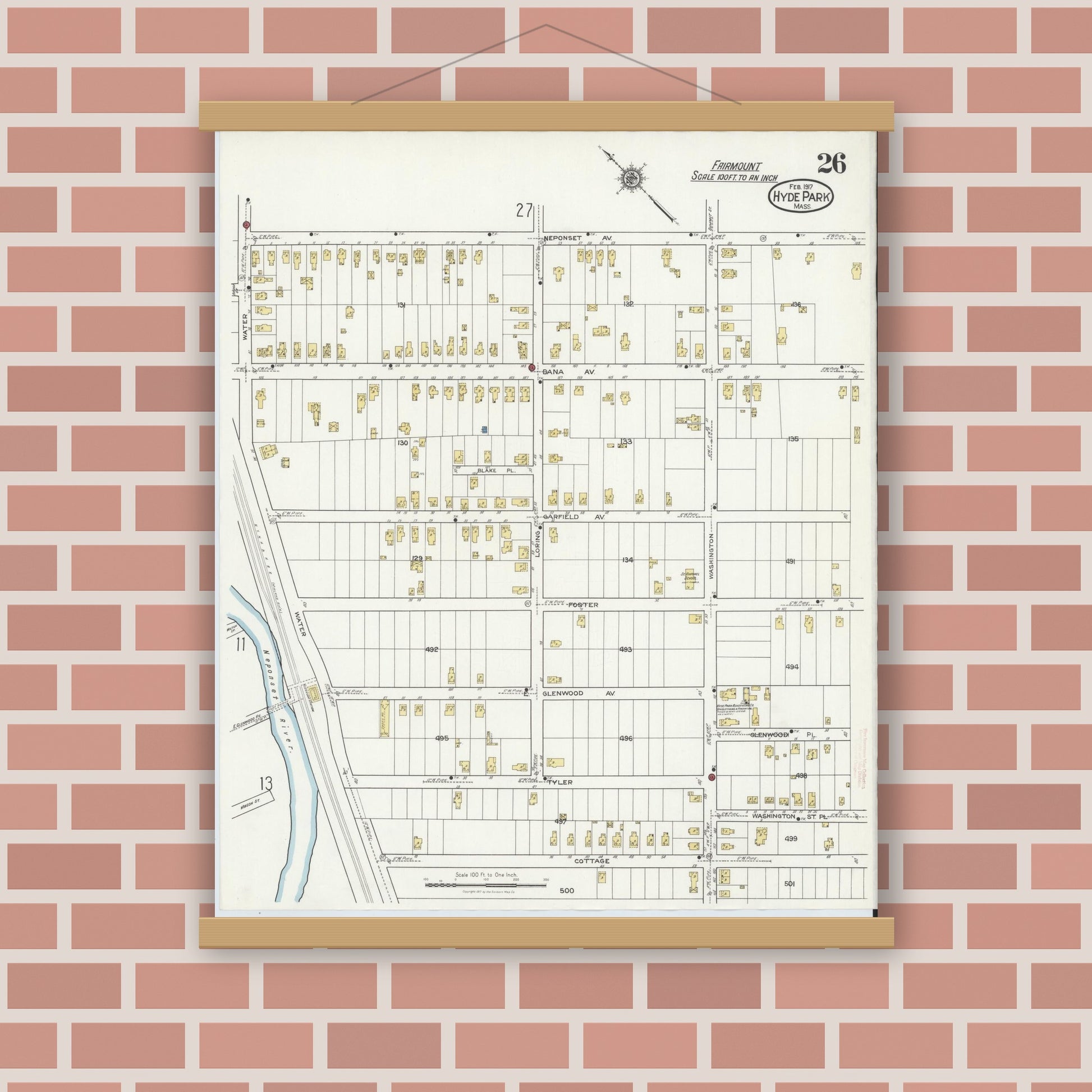 Old map wall art mockup — magnetic wood frame on brick wall — Sanborn Fire Insurance Map from Hyde Park, Norfolk County, Massachusetts (1917), Sheet #0026