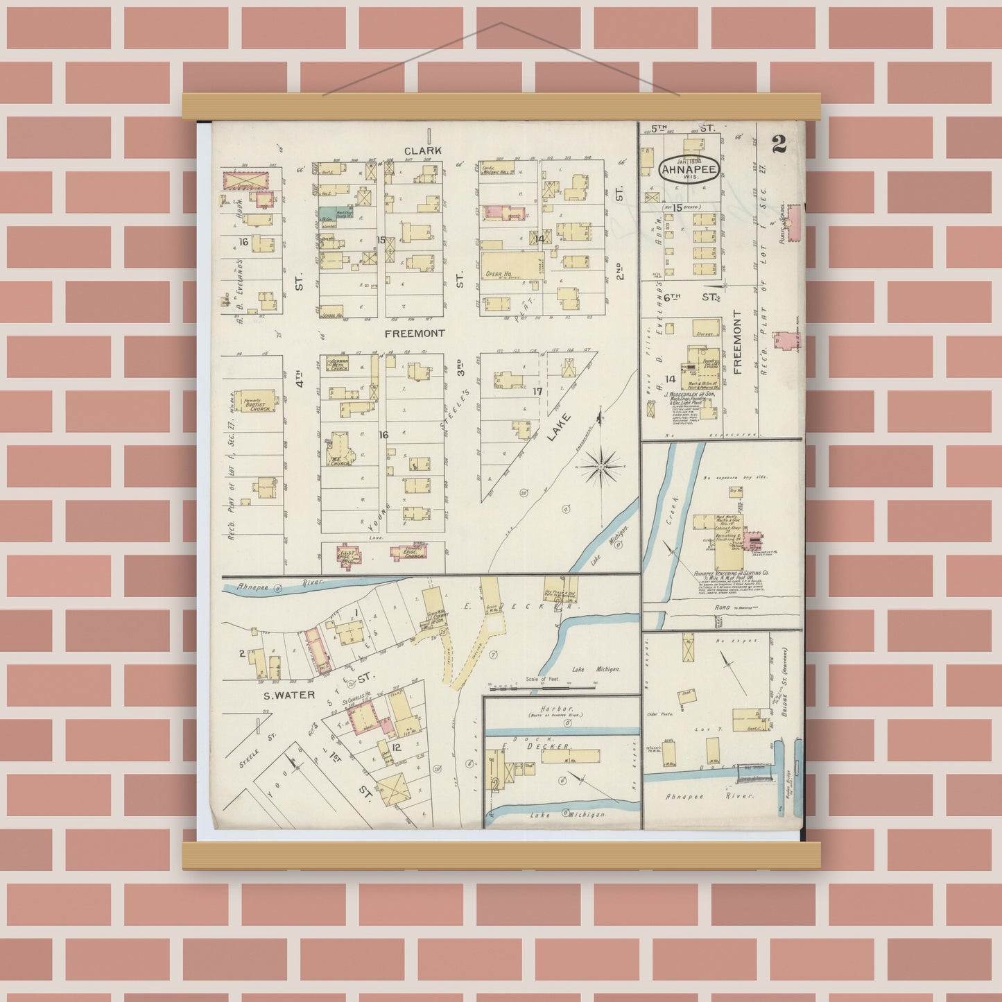 Old map wall art mockup — magnetic wood frame on brick wall — Sanborn Fire Insurance Map from Ahnapee, Kewaunee County, Wisconsin (1894), Sheet #0002