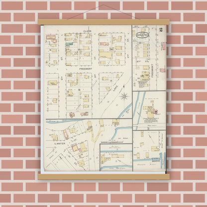 Old map wall art mockup — magnetic wood frame on brick wall — Sanborn Fire Insurance Map from Ahnapee, Kewaunee County, Wisconsin (1894), Sheet #0002