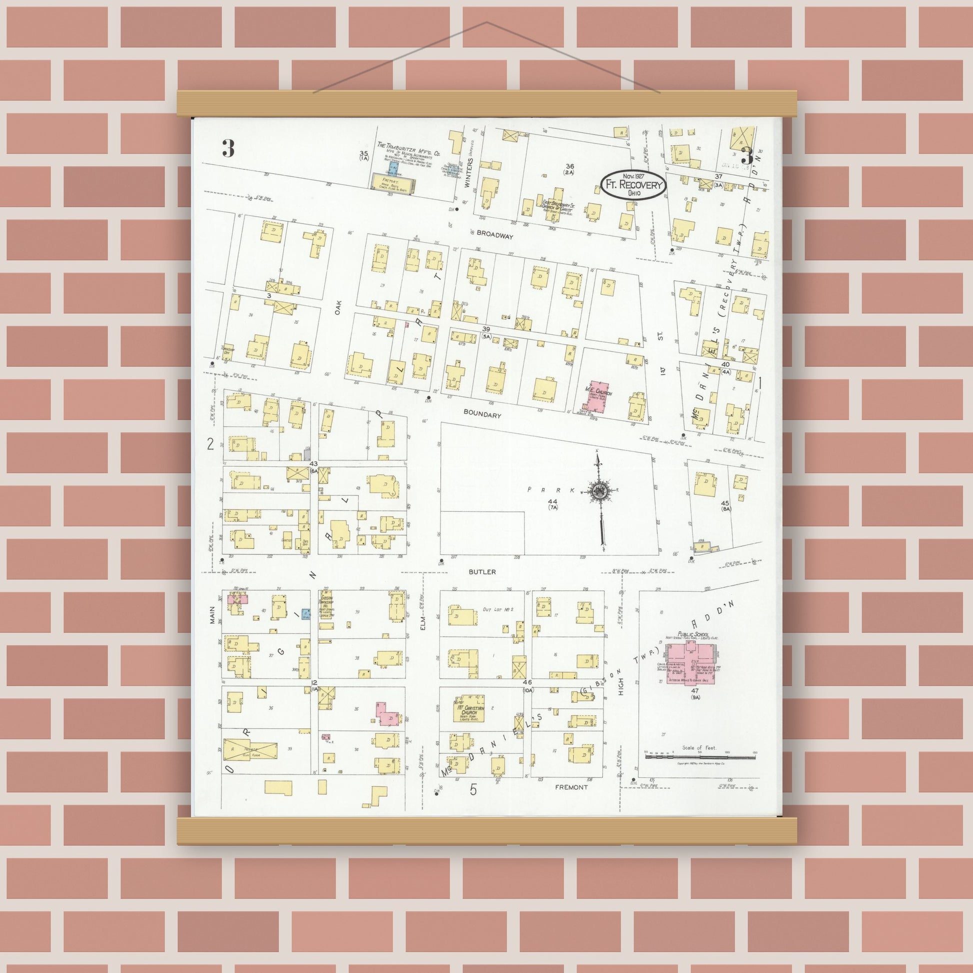 Old map wall art mockup — magnetic wood frame on brick wall — Sanborn Fire Insurance Map from Fort Recovery, Mercer County, Ohio (1927), Sheet #0003