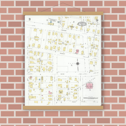 Old map wall art mockup — magnetic wood frame on brick wall — Sanborn Fire Insurance Map from Fort Recovery, Mercer County, Ohio (1927), Sheet #0003