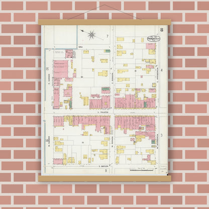Old map wall art mockup — magnetic wood frame on brick wall — Sanborn Fire Insurance Map from Pensacola, Escambia County, Florida (1903), Sheet #0008