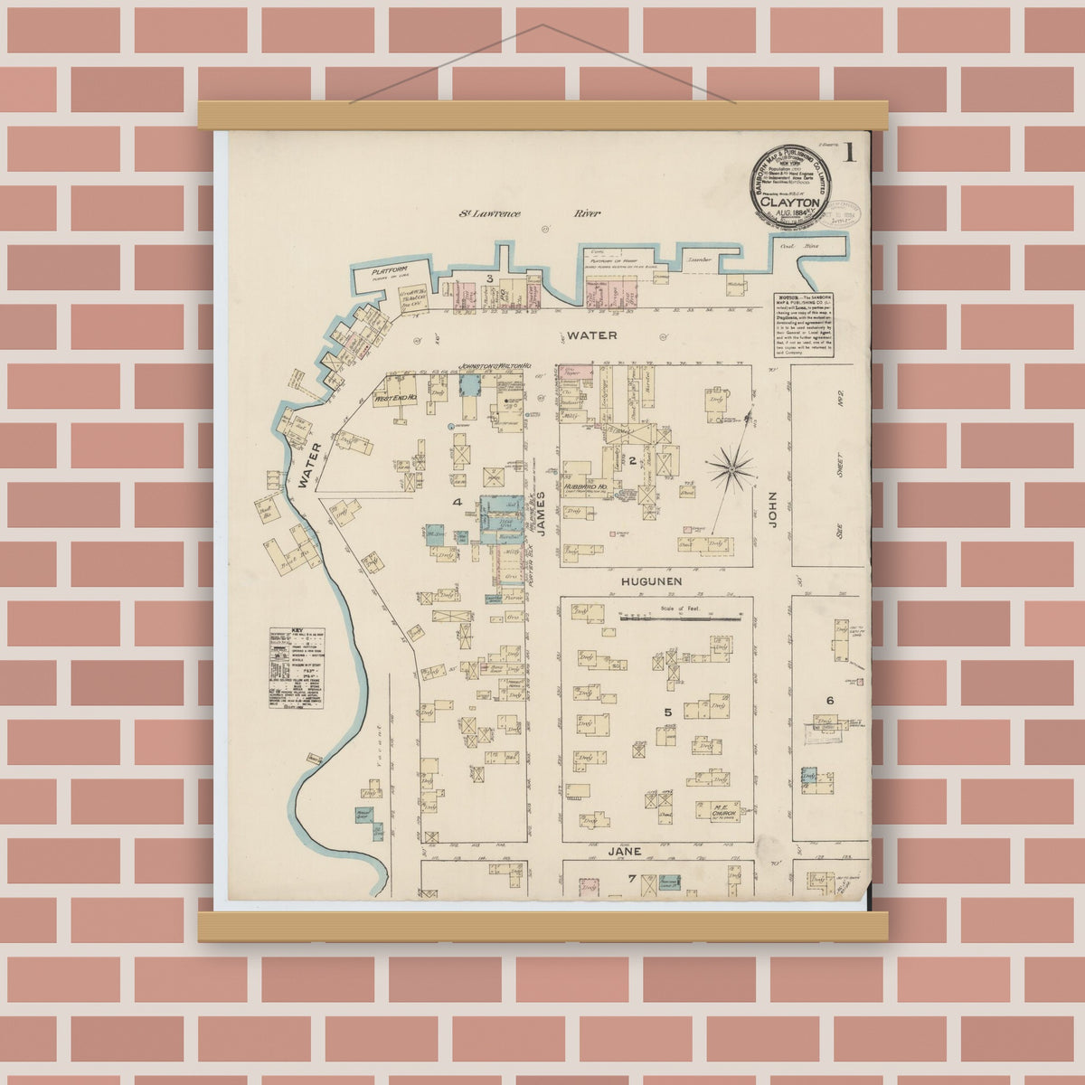 Old map wall art mockup — magnetic wood frame on brick wall — Sanborn Fire Insurance Map from Clayton, Jefferson County, New York (1884) - Complete Map Set