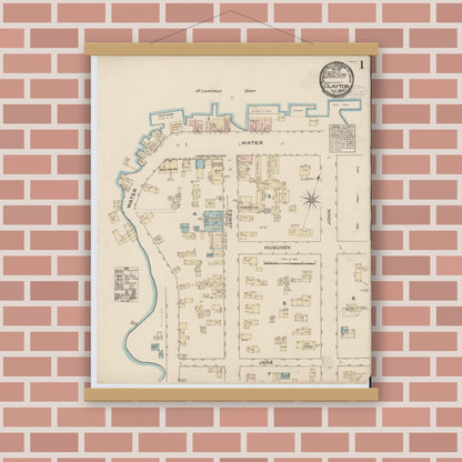 Old map wall art mockup — magnetic wood frame on brick wall — Sanborn Fire Insurance Map from Clayton, Jefferson County, New York (1884) - Complete Map Set