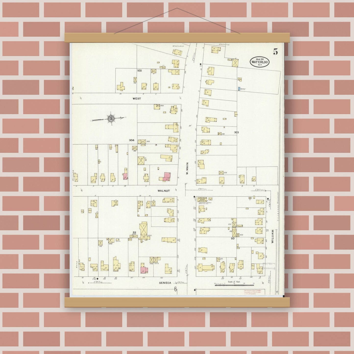 Old map wall art mockup — magnetic wood frame on brick wall — Sanborn Fire Insurance Map from Waterloo, Seneca County, New York (1911), Sheet #0005
