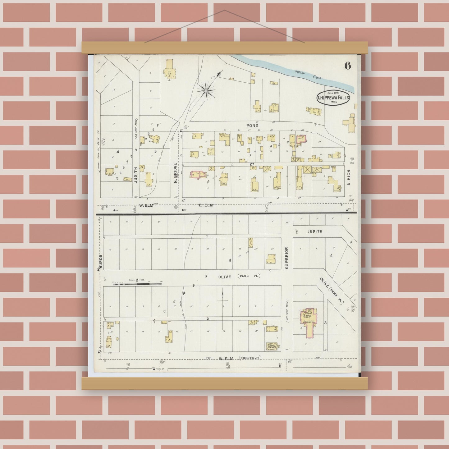 Old map wall art mockup — magnetic wood frame on brick wall — Sanborn Fire Insurance Map from Chippewa Falls, Chippewa County, Wisconsin (1895), Sheet #0006